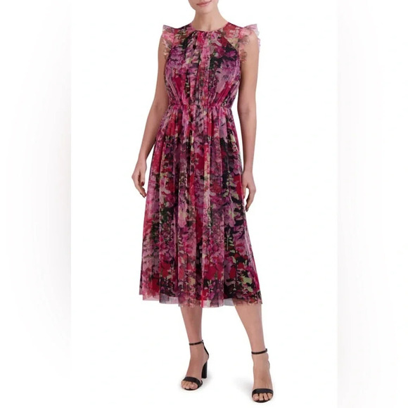 Laundry by Shelli Segal Floral Tulle Midi Dress - Size 0 - Pink Lavender - NWT - Picture 1 of 12